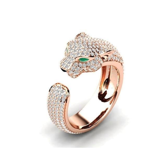 Verstellbarer Jaguar-Ring aus 18K Silber und 18K Roségold mit Grünen Zirkonia-Augen