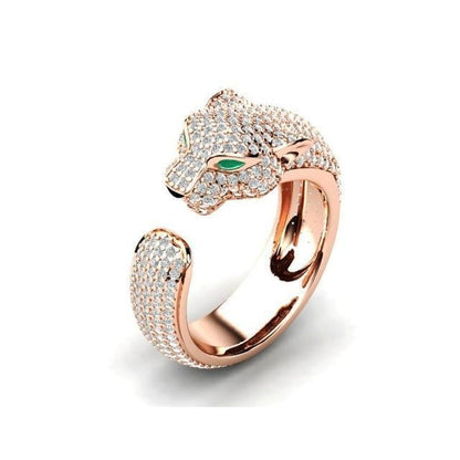 Verstellbarer Jaguar-Ring aus 18K Silber und 18K Roségold mit Grünen Zirkonia-Augen